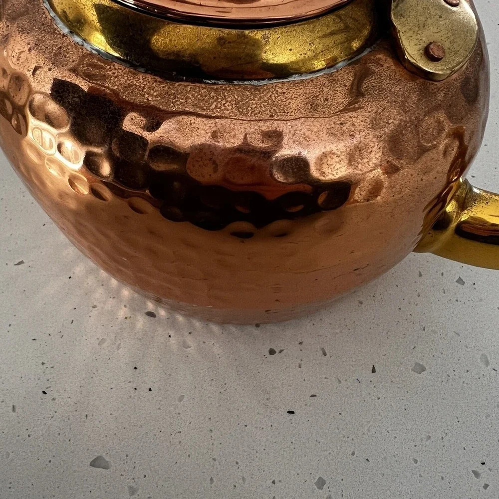 Antique hand-Hammered Copper Tea Kettle pot coffee brass details Gooseneck CLEAN